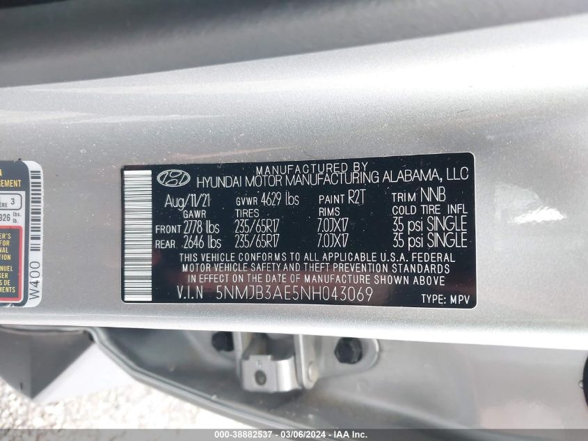 2022 Hyundai Tucson Sel VIN: 5NMJB3AE5NH043069 Lot: 38882537