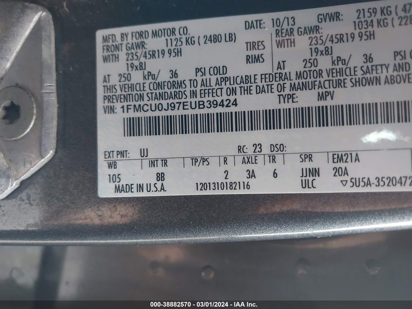 2014 Ford Escape Titanium VIN: 1FMCU0J97EUB39424 Lot: 38882570