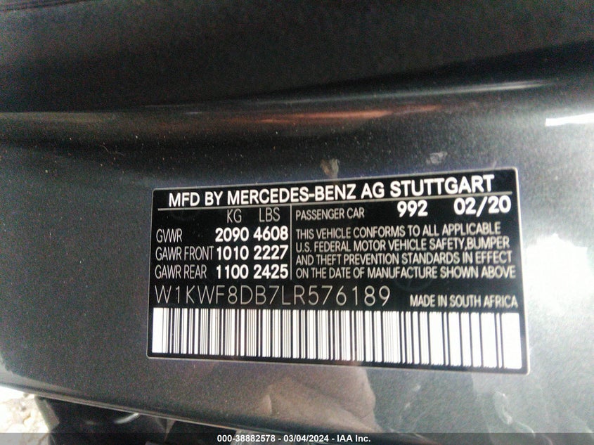 VIN W1KWF8DB7LR576189 2020 MERCEDES-BENZ C 300
