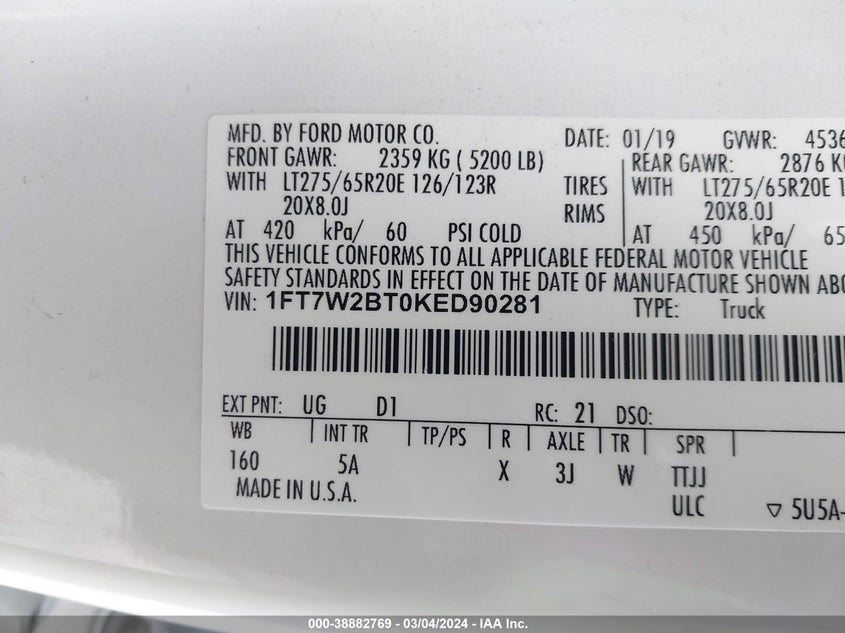 2019 FORD F-250 LARIAT - 1FT7W2BT0KED90281