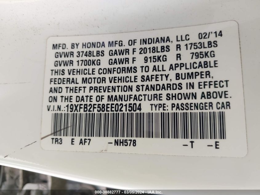 2014 Honda Civic Lx VIN: 19XFB2F58EE021504 Lot: 38882777