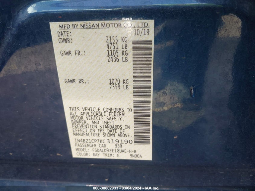 2019 NISSAN LEAF SV PLUS - 1N4BZ1CP7KC319190