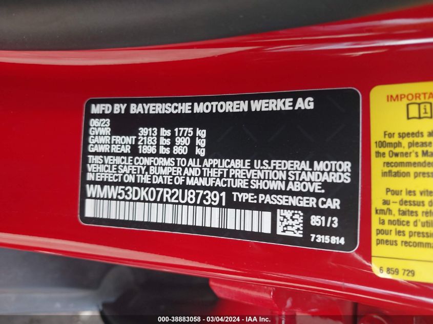 2024 Mini Hardtop Cooper S VIN: WMW53DK07R2U87391 Lot: 38883058