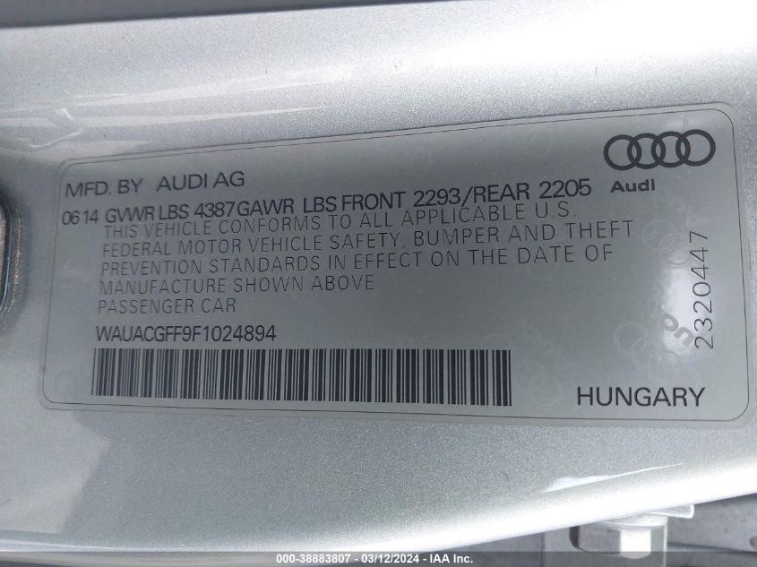 2015 Audi A3 1.8T Premium VIN: WAUACGFF9F1024894 Lot: 38883807