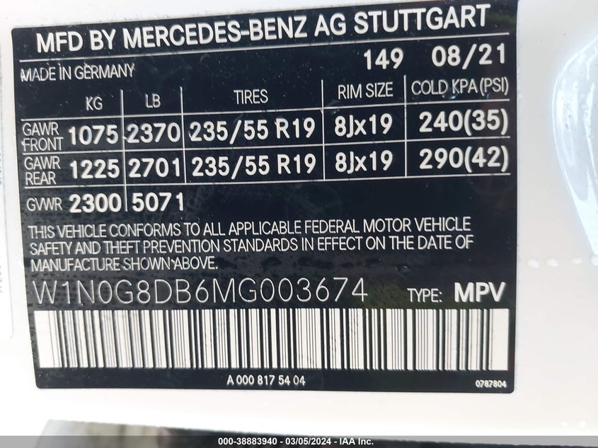 2021 MERCEDES-BENZ GLC 300 VIN: W1N0G8DB6MG003674