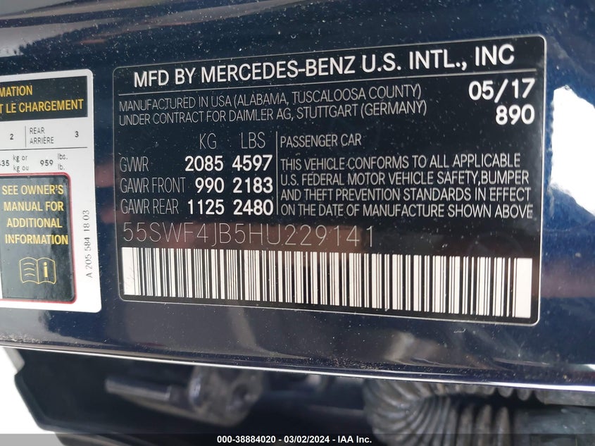 VIN 55SWF4JB5HU229141 2017 MERCEDES-BENZ C 300 LUXURY/SPORT