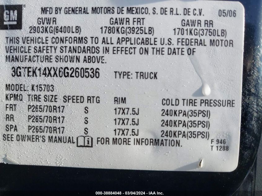 2006 GMC Sierra 1500 Work Truck VIN: 3GTEK14XX6G260536 Lot: 38884048