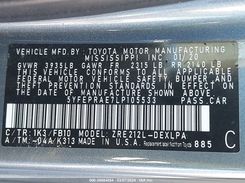 2020 TOYOTA COROLLA LE - 5YFEPRAE7LP105533