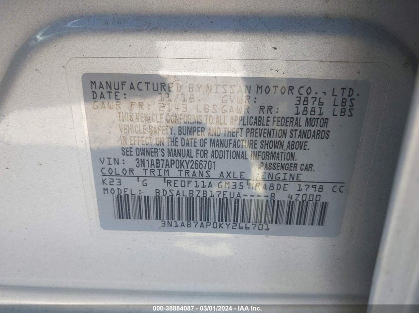VIN 3N1AB7AP0KY266701 2019 NISSAN SENTRA S