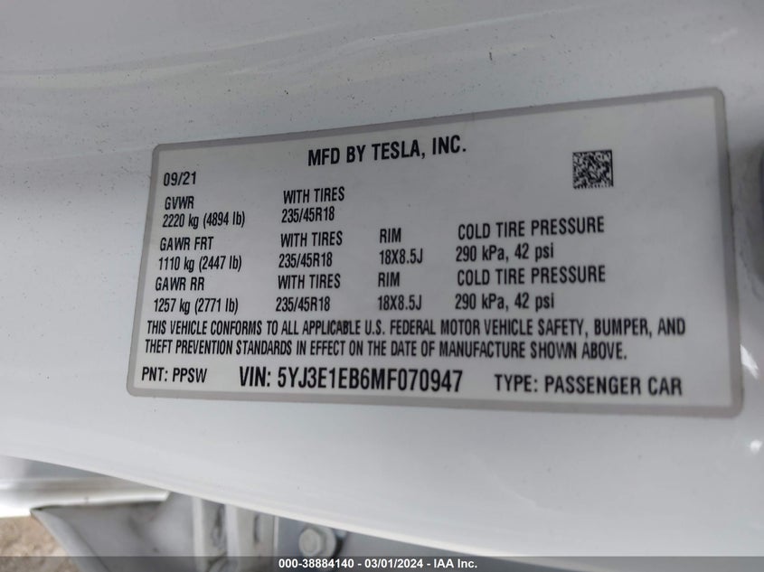 VIN: 5YJ3E1EB6MF070947 2021 TESLA MODEL 3 LONG RANGE DUAL MOTOR ALL-WHEEL DRIVE