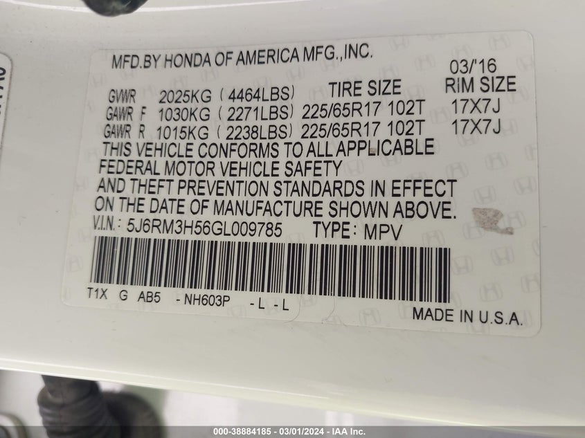 2016 HONDA CR-V EX - 5J6RM3H56GL009785