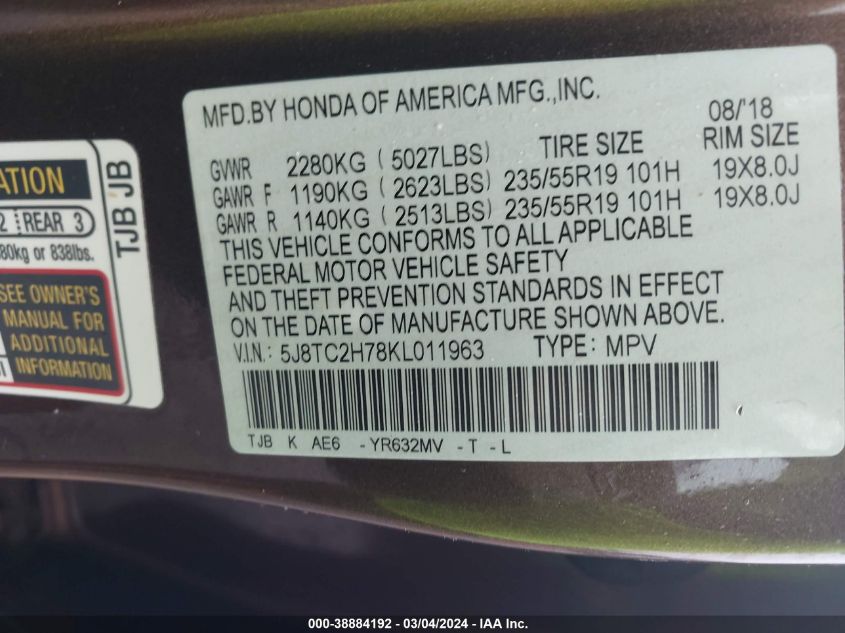 VIN 5J8TC2H78KL011963 2019 ACURA RDX ADVANCE