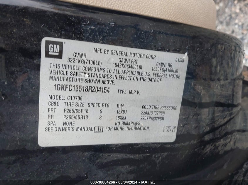 2008 GMC YUKON VIN: 1GKFC13518R204154