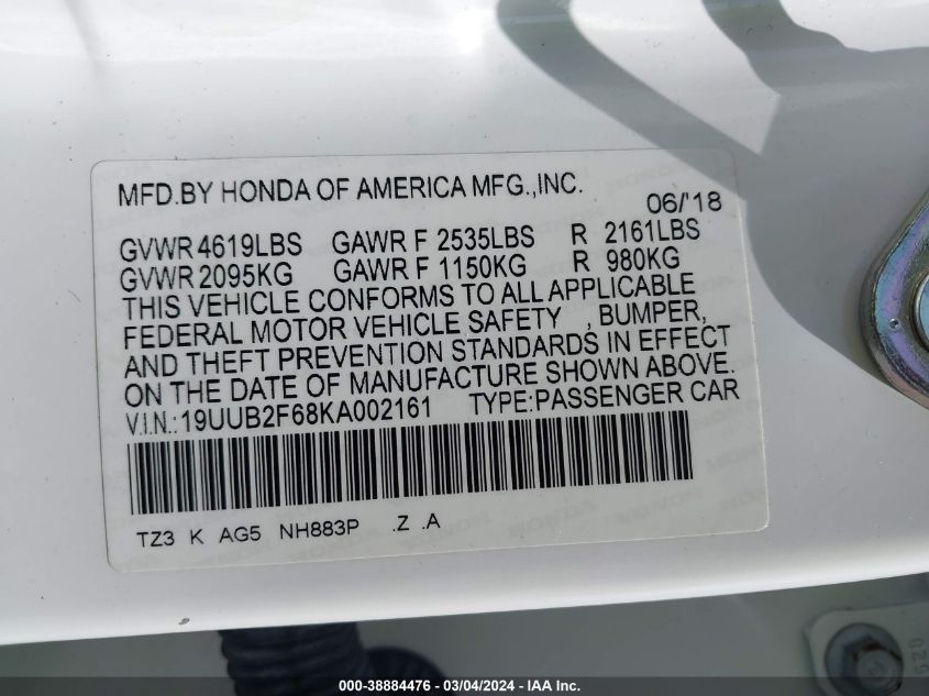 2019 Acura Tlx Tech A-Spec Pkgs VIN: 19UUB2F68KA002161 Lot: 38884476