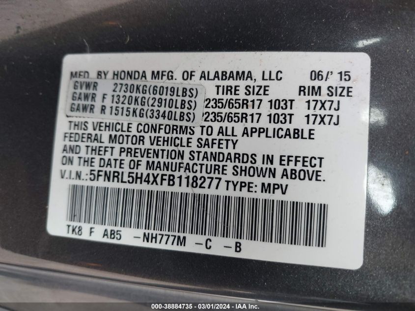 VIN 5FNRL5H4XFB118277 2015 HONDA ODYSSEY no.9