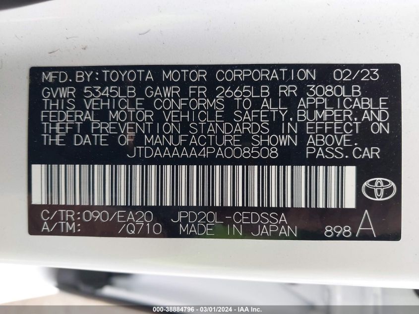 2023 Toyota Mirai Xle VIN: JTDAAAAA4PA008508 Lot: 38884796