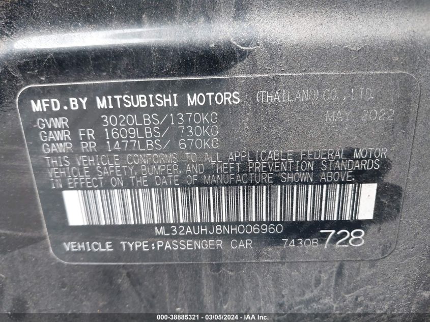 2022 Mitsubishi Mirage Es VIN: ML32AUHJ8NH006960 Lot: 38885321