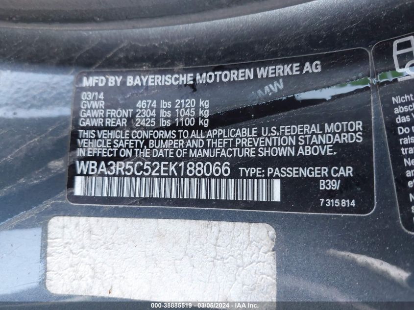 2014 BMW 435I xDrive VIN: WBA3R5C52EK188066 Lot: 38885519