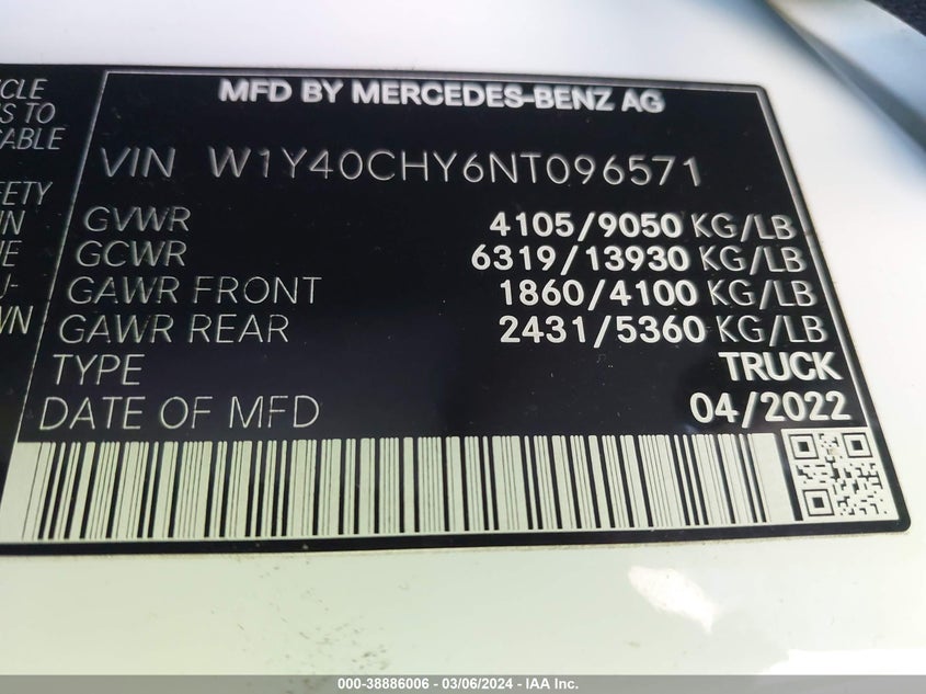 2022 MERCEDES-BENZ SPRINTER 2500 VIN: W1Y40CHY6NT096571