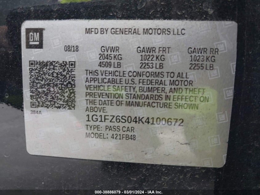 VIN 1G1FZ6S04K4100672 2019 CHEVROLET BOLT EV PREMIER