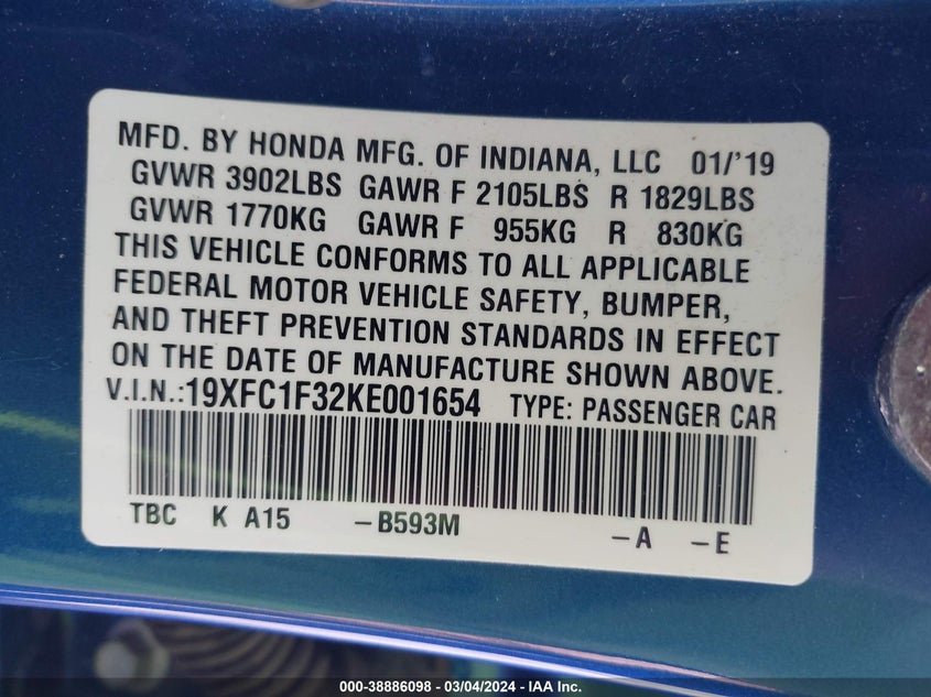 2019 HONDA CIVIC EX - 19XFC1F32KE001654