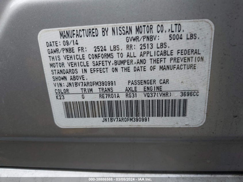 2015 INFINITI Q50 - JN1BV7AR0FM390991