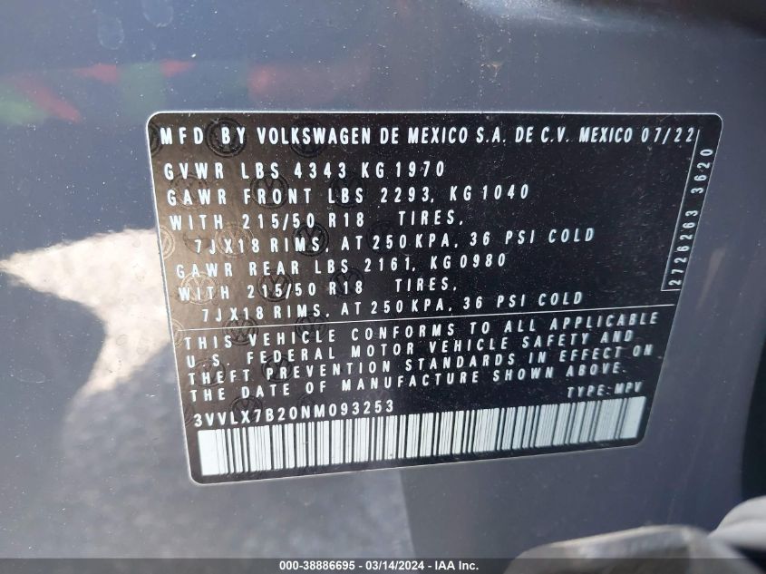 3VVLX7B20NM093253 2022 Volkswagen Taos 1.5T Se