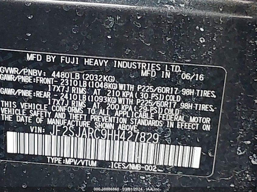 VIN JF2SJARC9HH427829 2017 SUBARU FORESTER 2.5I LIMITED