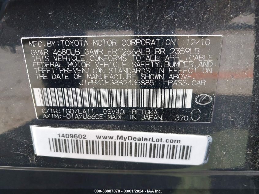 JTHBK1EG8B2435885 2011 Lexus Es 350