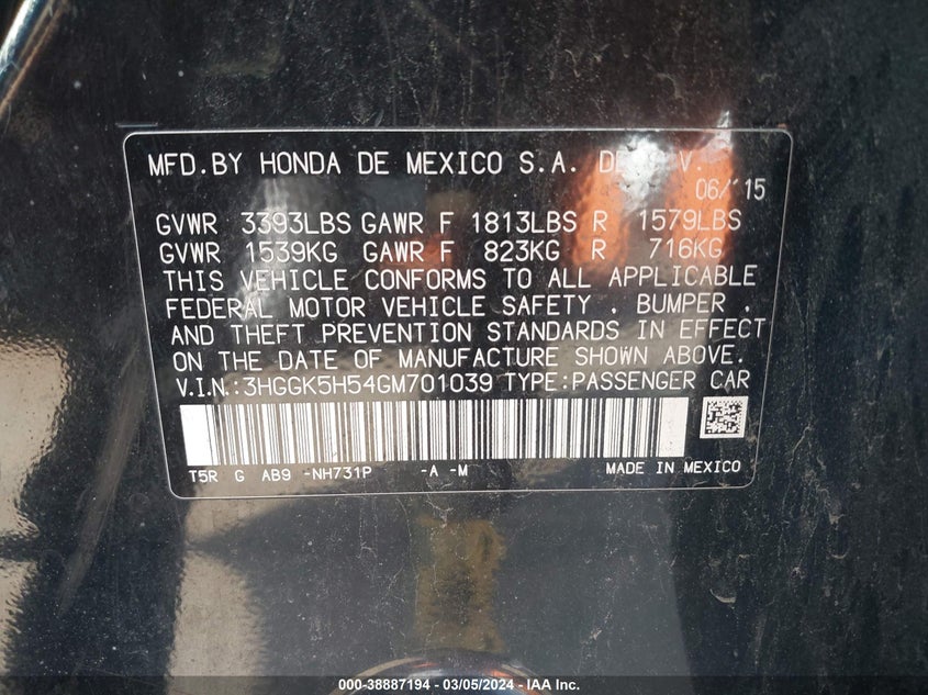 2016 HONDA FIT LX - 3HGGK5H54GM701039