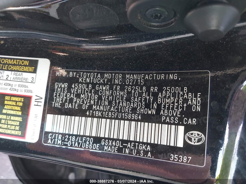 2015 TOYOTA AVALON XLE/PREMIUM/TOURING/LTD - 4T1BK1EB5FU158964