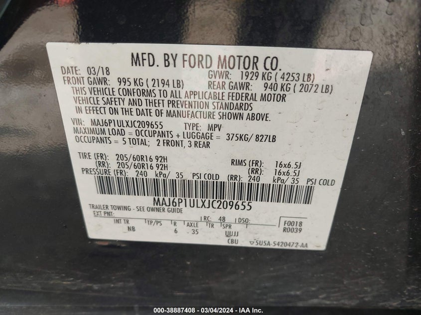 VIN MAJ6P1ULXJC209655 2018 FORD ECOSPORT SE