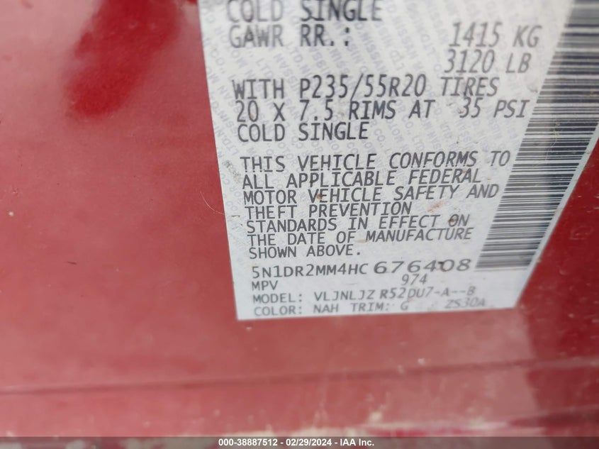 VIN 5N1DR2MM4HC676408 2017 NISSAN PATHFINDER PLATINUM