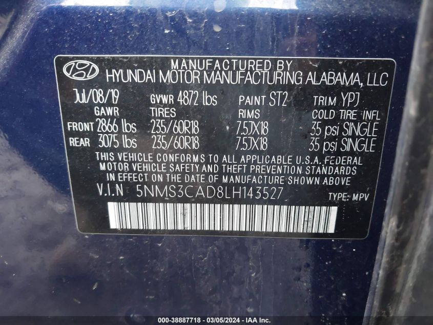 2020 Hyundai Santa Fe Sel VIN: 5NMS3CAD8LH143527 Lot: 38887718