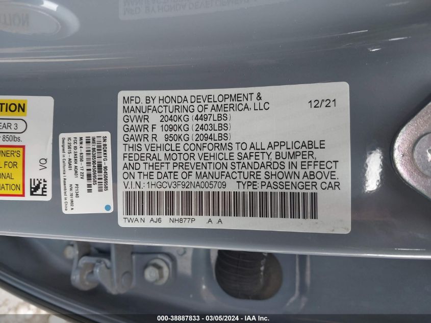 2022 Honda Accord Hybrid Touring VIN: 1HGCV3F92NA005709 Lot: 38887833