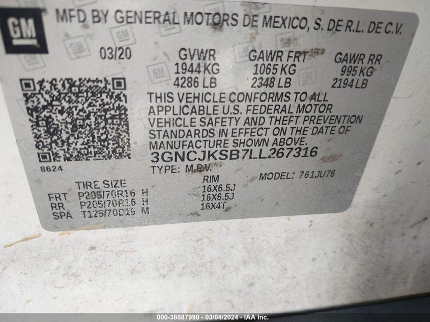 VIN 3GNCJKSB7LL267316 2020 CHEVROLET TRAX FWD LS