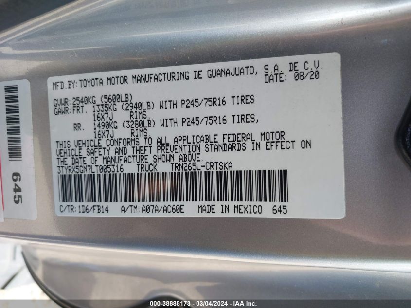 2020 Toyota Tacoma Sr VIN: 3TYRX5GN7LT005316 Lot: 38888173