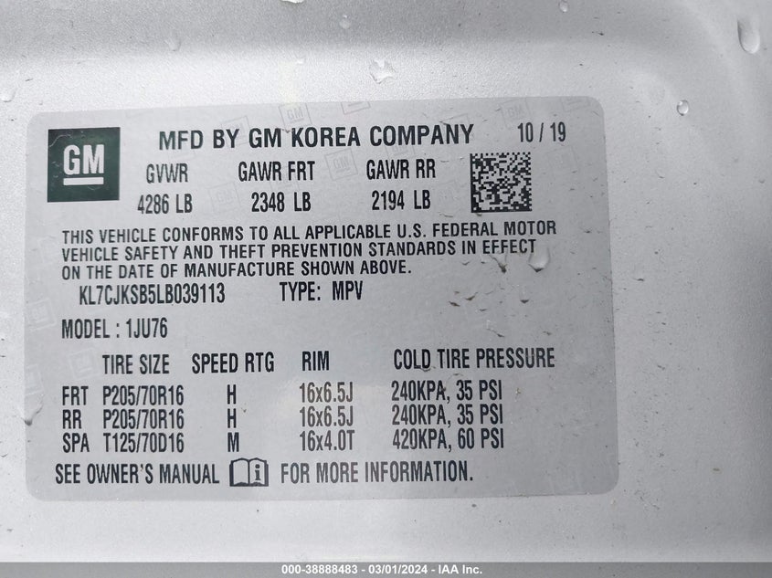 VIN KL7CJKSB5LB039113 2020 CHEVROLET TRAX FWD LS