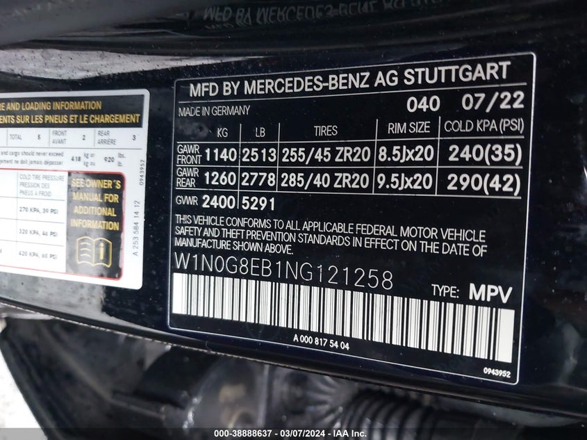 2022 MERCEDES-BENZ GLC 300 VIN: W1N0G8EB1NG121258