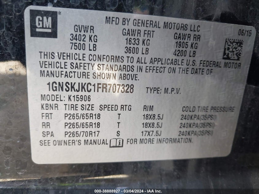 2015 CHEVROLET SUBURBAN 1500 K1500 LT - 1GNSKJKC1FR707328