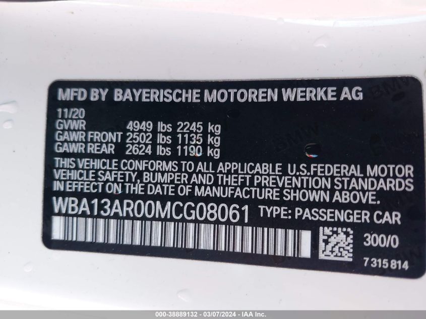 VIN WBA13AR00MCG08061 BMW M440I XDRIVE 2021 9