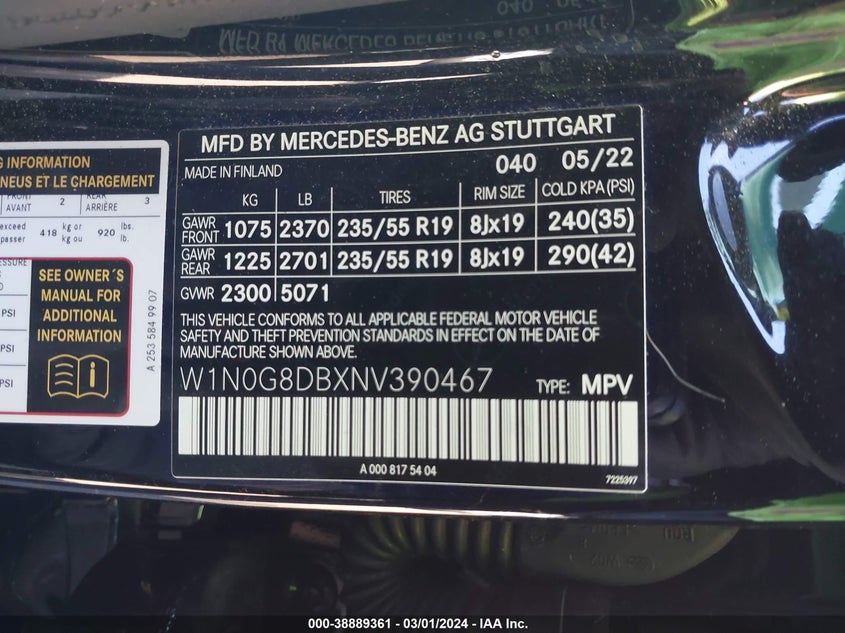 2022 MERCEDES-BENZ GLC 300 VIN: W1N0G8DBXNV390467