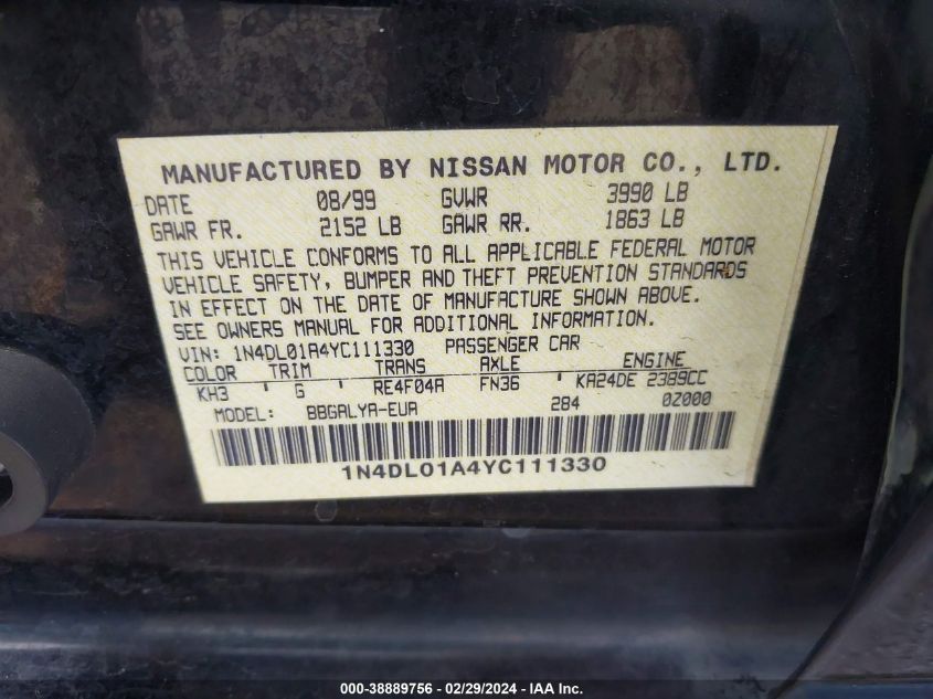 2000 Nissan Altima Gle/Gxe/Se VIN: 1N4DL01A4YC111330 Lot: 38889756