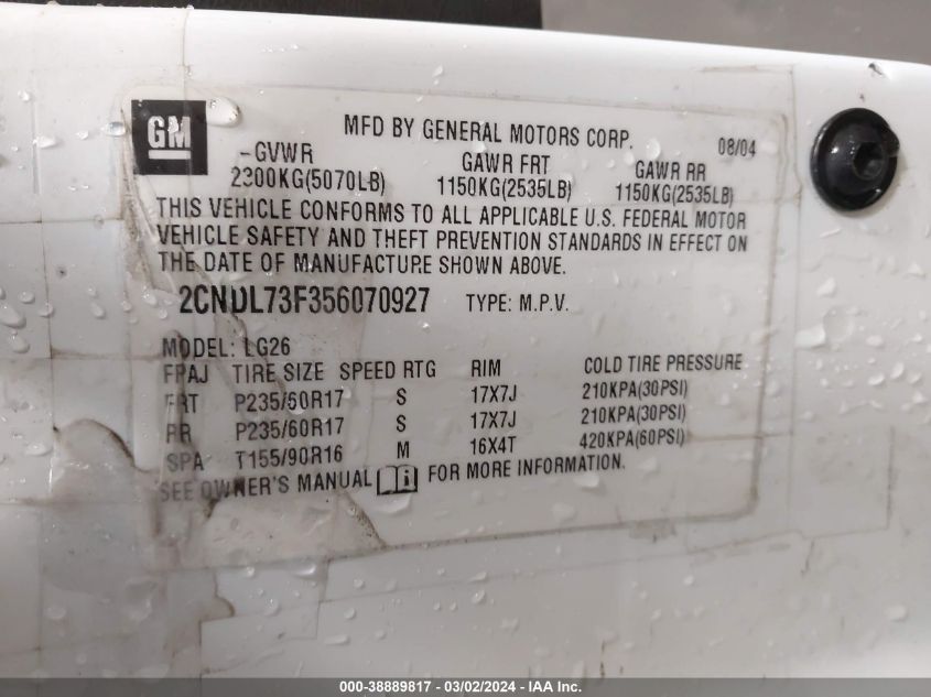 2005 Chevrolet Equinox Lt VIN: 2CNDL73F356070927 Lot: 39337722