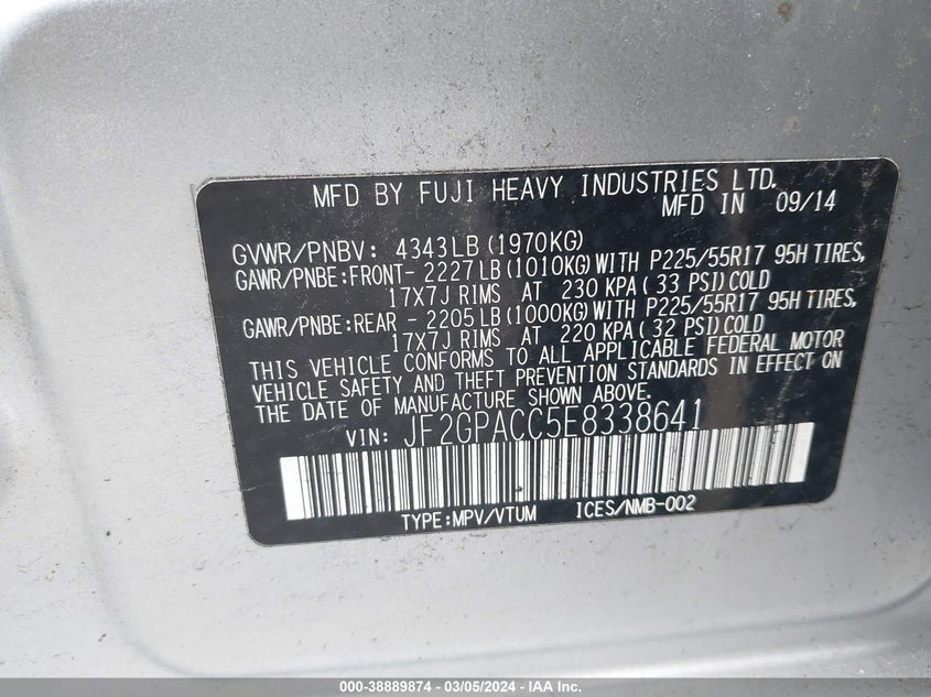 2014 SUBARU XV CROSSTREK 2.0I PREMIUM - JF2GPACC5E8338641