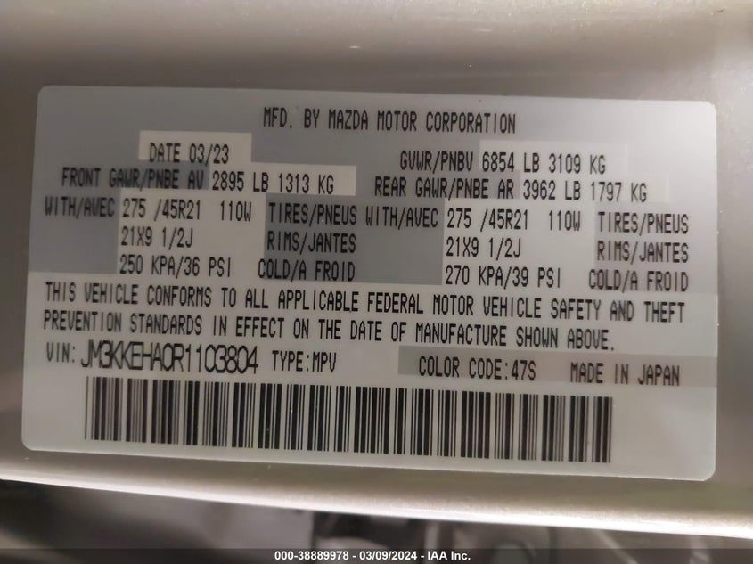 2024 MAZDA CX-90 PHEV 2.5L I-4 DI, DOHC, V(VIN: JM3KKEHA0R1103804