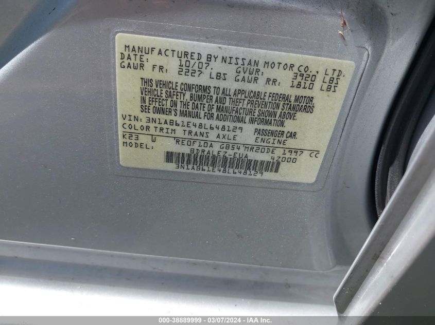 2008 Nissan Sentra 2.0S VIN: 3N1AB61E48L648129 Lot: 40308029