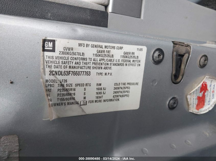 2CNDL63F766077763 2006 Chevrolet Equinox Lt