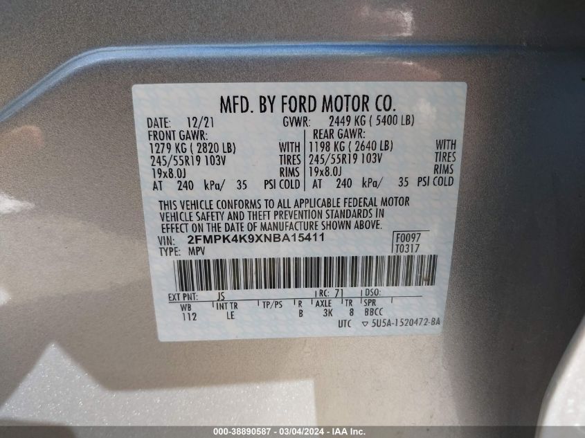 2022 Ford Edge Titanium VIN: 2FMPK4K9XNBA15411 Lot: 38890587