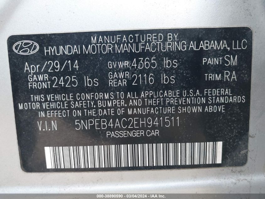 2014 Hyundai Sonata Gls VIN: 5NPEB4AC2EH941511 Lot: 38890590